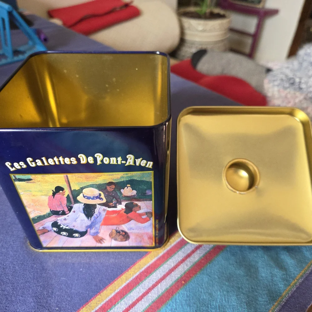 Vintage French Biscuit Tin, Blue and Gold, Top Knob, Les Galette De Pont Aven